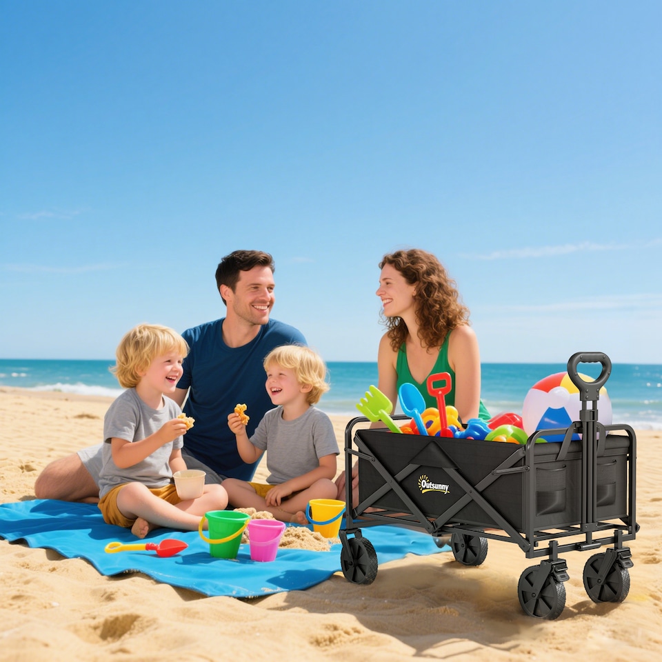 image 1 of Outsunny Folding Outdoor Storage Trolley Cart Bag Telescopic Handle Brakes Black