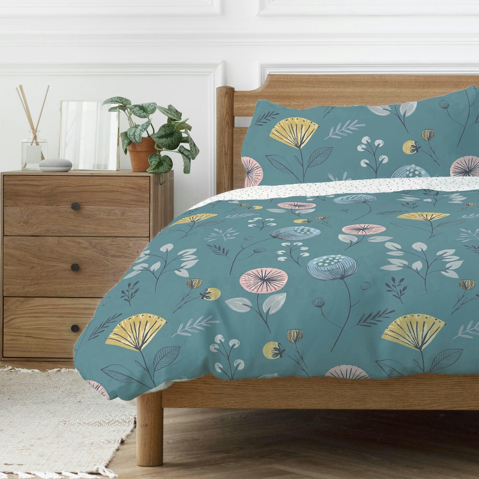 image 1 of Copenhagen Home Olia Floral Print Teal Reversible Size Duvet Cover and Pillowcase Set - Super King