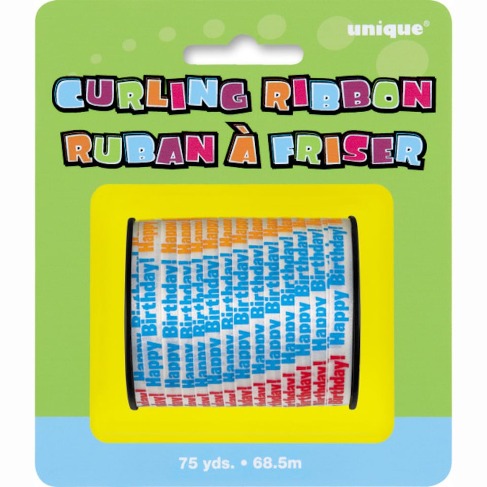 image 1 of White Happy Birthday Printed Curling Ribbon - 75 yd / 68.5m