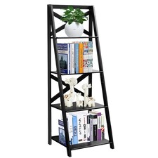 COSTWAY 4 Tier Ladder Shelf Storage Wooden Bookcase Black Black