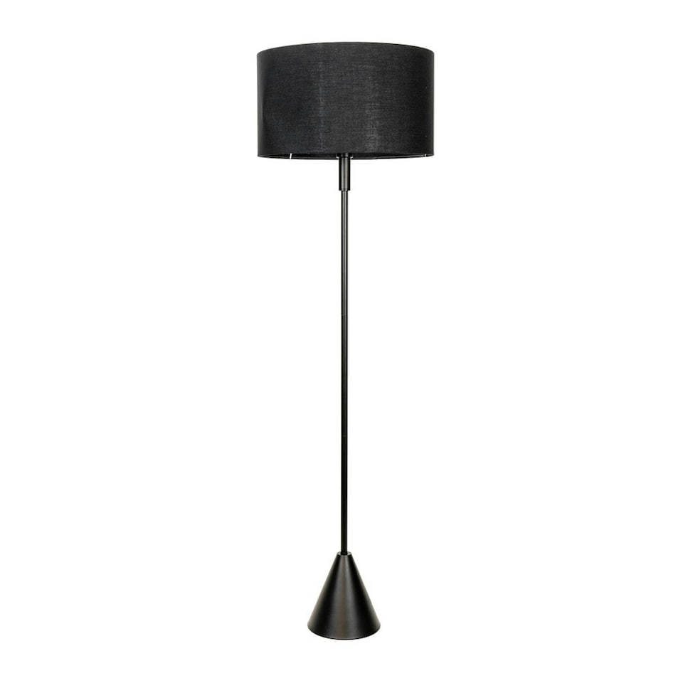 image 1 of ValueLights Mitch Black Fabric Drum Lamp Shade Black Wood Single Stem Triangle Floor Lamp Black