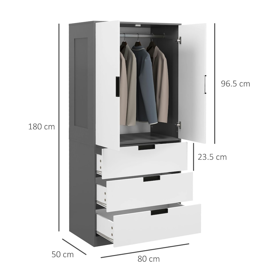 image 1 of HOMCOM 2 Door Wardrobe Modern Wardrobe with 3 Drawer and Hanging Rod, Grey