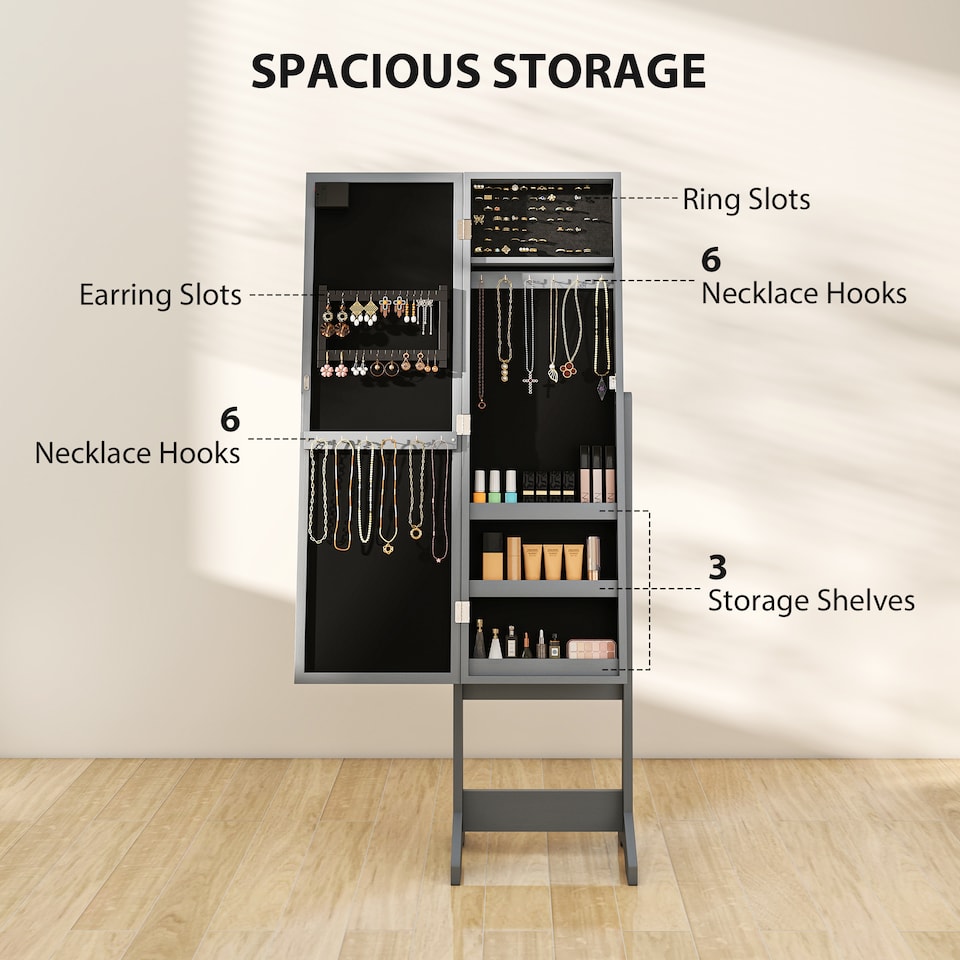 image 1 of HOMCOM Freestanding Mirror Jewelry Cabinet with LED Lights, Jewellery Organiser with 3 Angle Adjustable, Full-Length Mirror with Storage for Earrings, Necklaces, Rings and Lipsticks, Grey