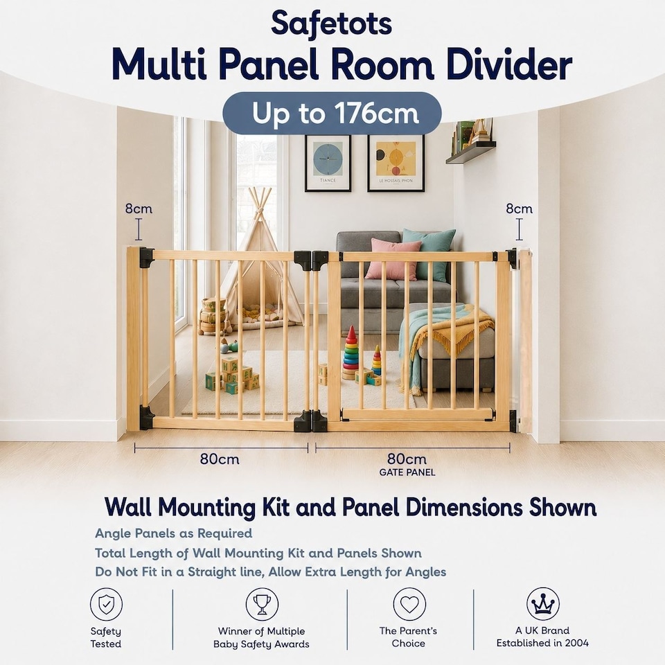 image 1 of Safetots Wooden Multi Panel Room Divider, up to 176cm, Natural Wood, 76cm Tall, Flexible Room Divider for Baby and Toddler | Cream | Natural