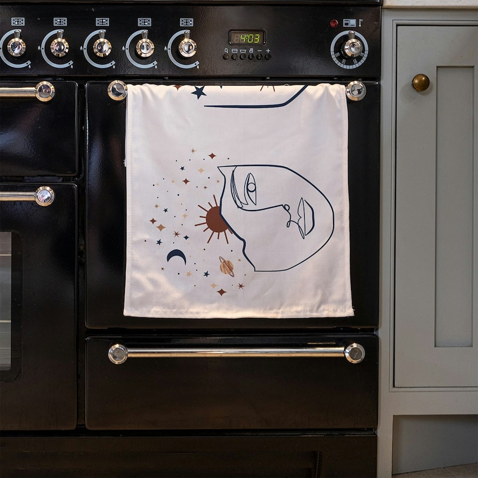 image 1 of Line art Illustration with Mystical and Celestial elements like stars, moon, sun and planets (Kitchen Towel)