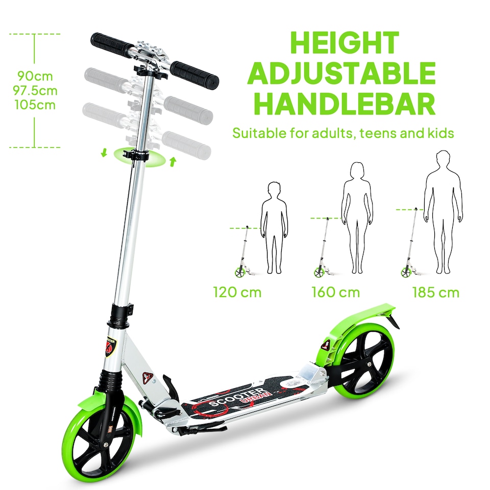 image 1 of HOMCOM Folding Kick Scooter, Adjustable Ride On Scooter with 200mm Big Wheels and Double Shock Absorption, Urban Scooter for 14 older Teens Adult, Green | Green | Green | 94L x 38W x 90-105H cm