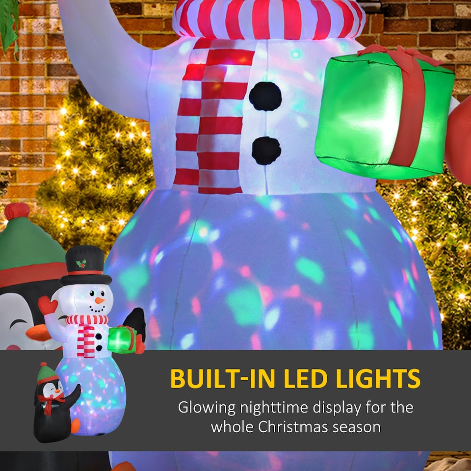 image 1 of Outsunny 8FT Inflatable Snowman Holding Gift Box w/ Penguin and LED Lights