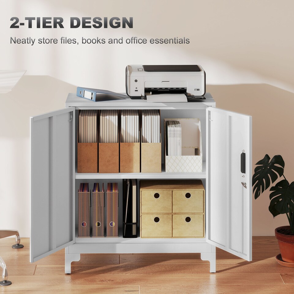 image 1 of HOMCOM Lockable Metal Filing Cabinet, 2-Tier Storage Cupboard | White | White | 80 x 35 x 91 cm