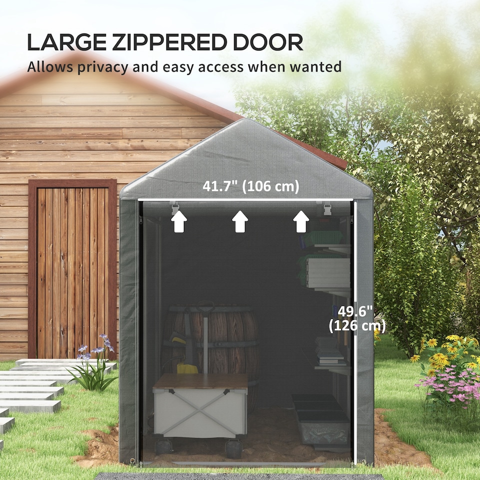 image 1 of Outsunny 1.2 x 1.8m Garden Storage Shed Tent, Portable Shed Shelter with Galvanised Steel Frame and Large Door, for Motorbike, Garden Tools, Bike Storage | Grey | 1