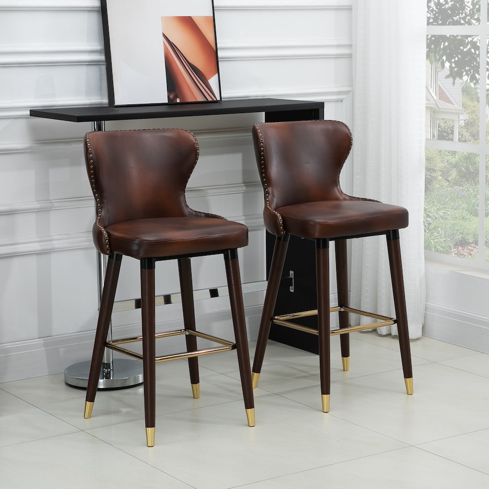 image 1 of HOMCOM Bar Stools Set of 2, PU Leather Barstools with Backrest, Footrest and Solid Wood Legs, Dining Stools for Kitchen, Counter, Breakfast Bar, Brown