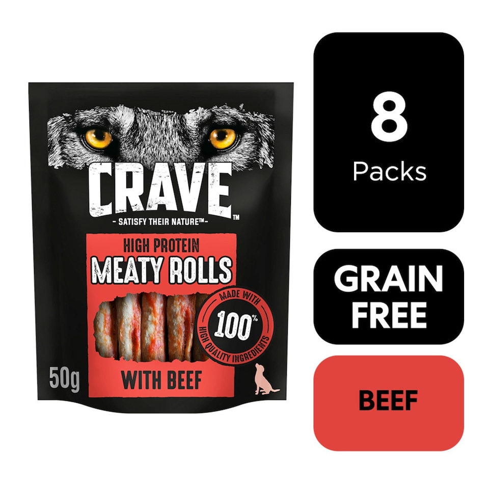 image 1 of 8 x 50g Crave Natural Grain Free Meaty Rolls Adult Dog Treats Beef Dog Chews