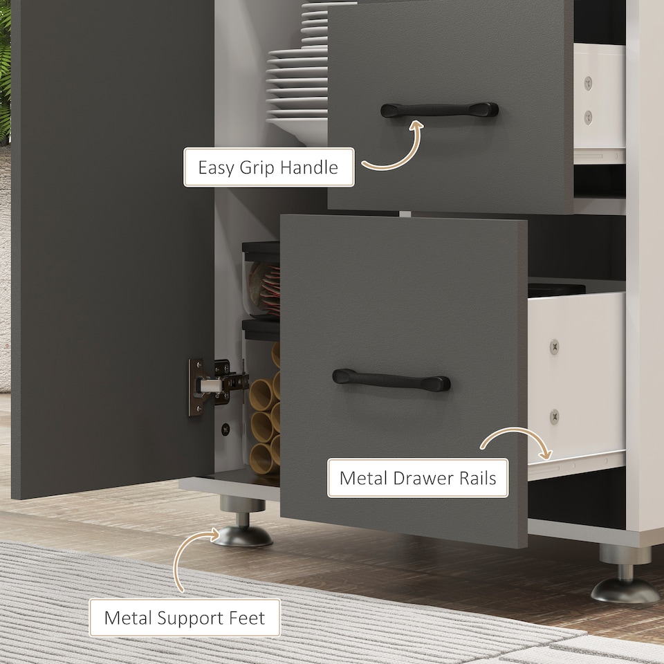 image 1 of HOMCOM Modern Kitchen Cupboard with Storage Cabinets, 3 Drawers and Open Countertop for Living Room, Grey