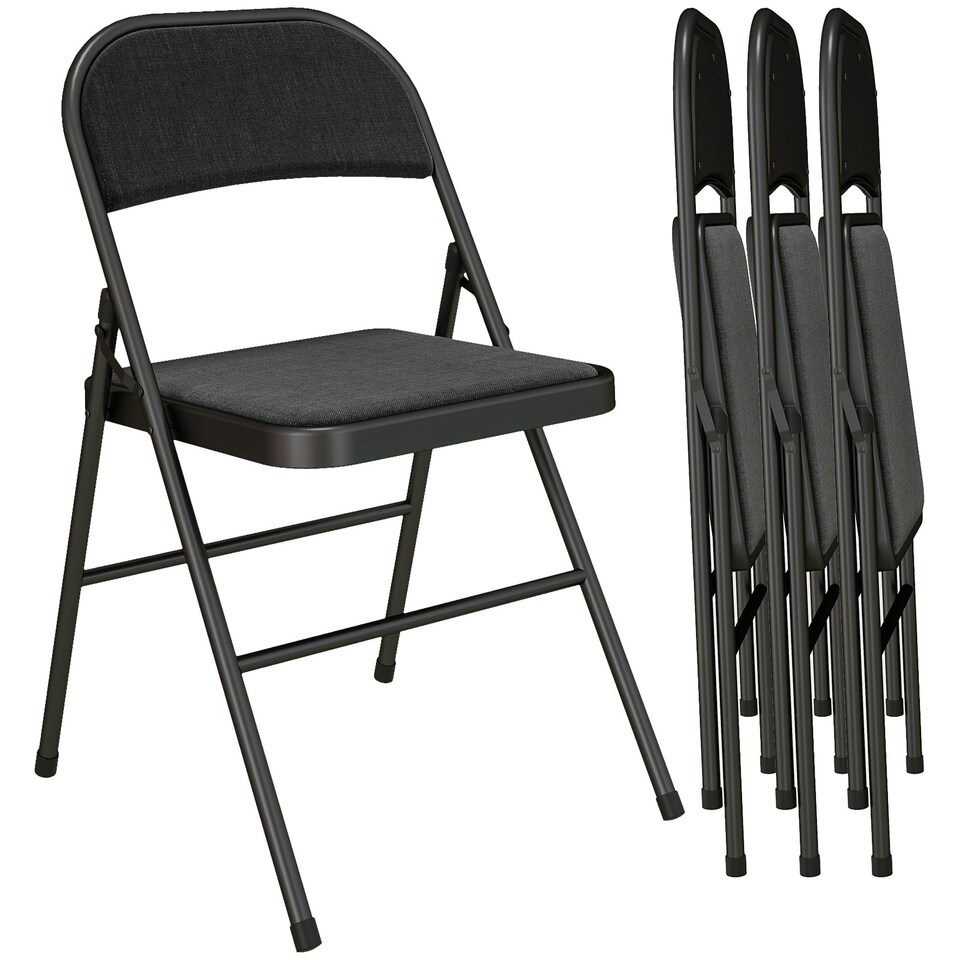 image 1 of HOMCOM 4 Pack Linen-Look Padded Folding Chairs with Cushioned Seat Black