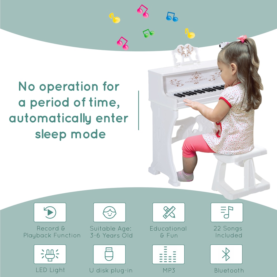image 1 of HOMCOM 37 Keys Kids Piano Mini Electronic Keyboard Light Kids Musical Instrument Educational Game Children Grand Piano Toy Set w/Stool & Microphone & Music Stand (White) | White