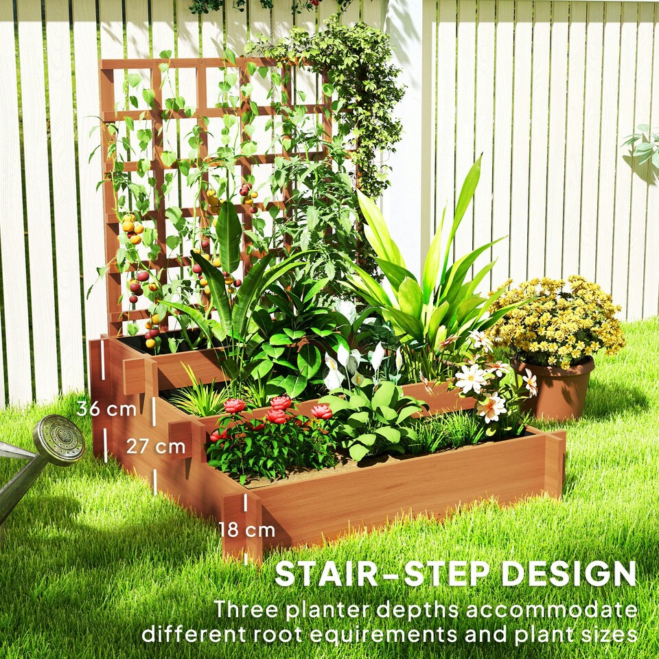 image 1 of Outsunny 3 Tier Wooden Garden Planters with Trellis for Vine Climbing Plants Brown