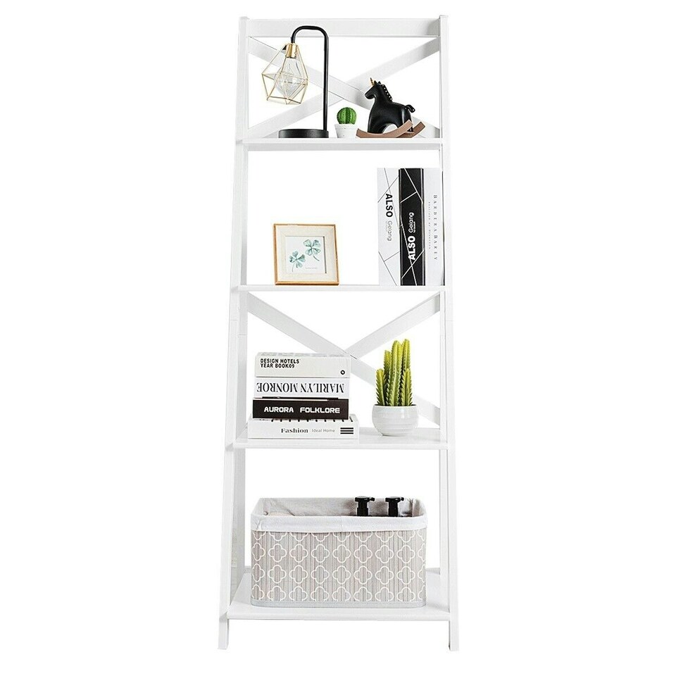 image 1 of COSTWAY 4 Tier Ladder Shelf Storage Wooden Bookcase White White