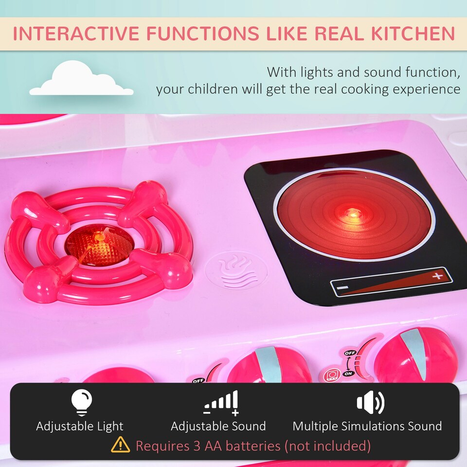 image 1 of HOMCOM 38-Piece Children's Kitchen Play Set w/ Realistic Sounds Lights Food Pink