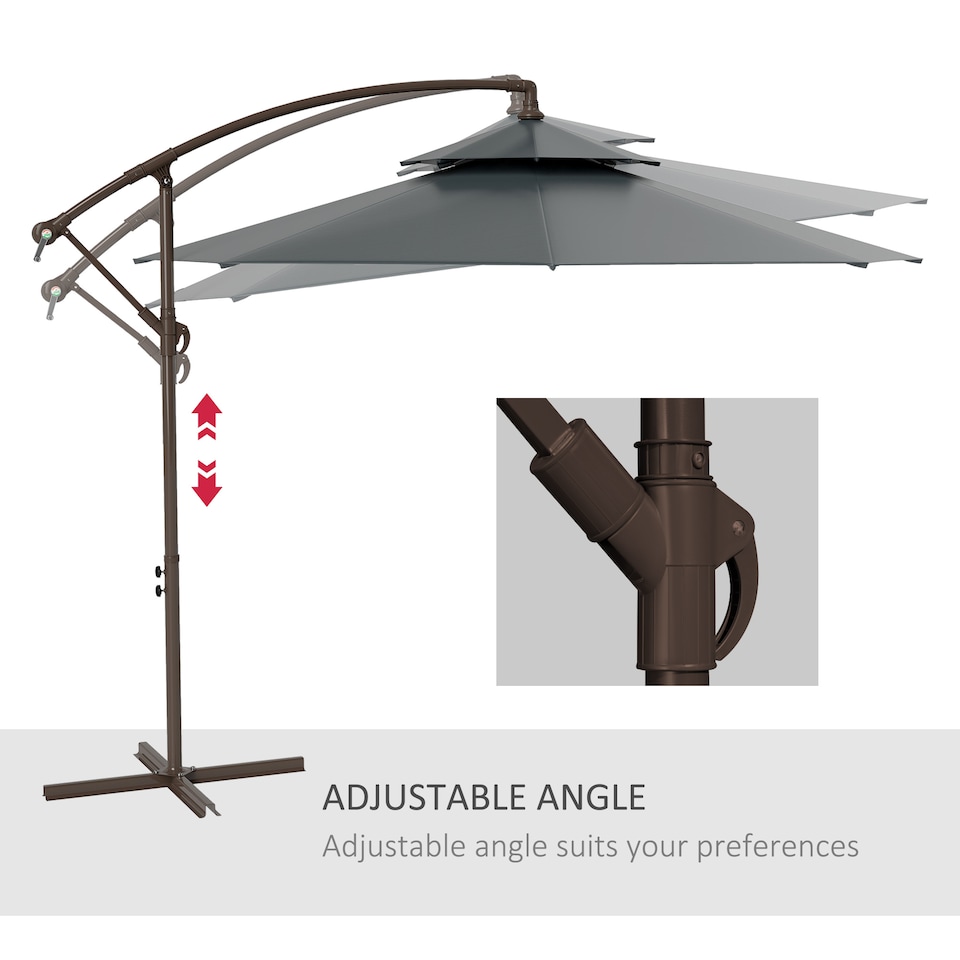 image 1 of Outsunny 2.7m Garden Banana Parasol Cantilever Umbrella with Crank Handle, Double Tier Canopy and Cross Base for Outdoor, Hanging Sun Shade, Dark Grey