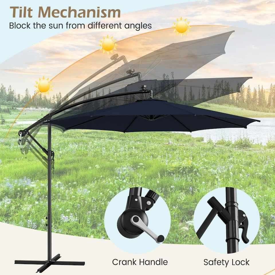 image 1 of COSTWAY 303 cm Patio Parasol Solar LED Cantilever Offset Umbrella Blue