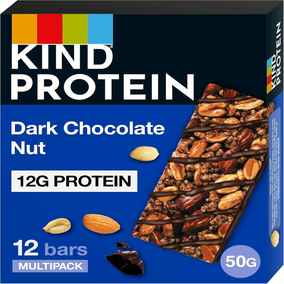 image 1 of KIND Protein Bars, Gluten Free Snack, Dark Chocolate Nut, High Fibre, Source of Protein, No Artificial Colours, Flavours or Preservatives, Multipack 12 x 50g