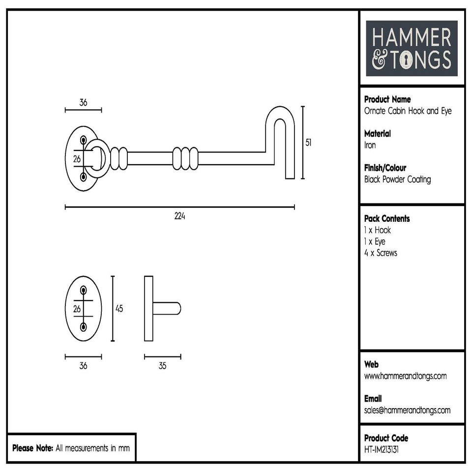 image 1 of Hammer & Tongs Ornate Cabin Hook and Eye - W225mm - Black