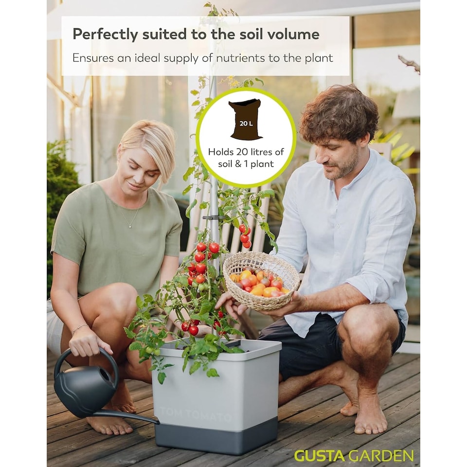 image 1 of Gusta Garden Tom Tomato Tomato Pot Light Grey- Planter with Climbing Aid, Self-Watering System & Plant Clips - 4.5L Water Reservoir & 20L Soil Capacity
