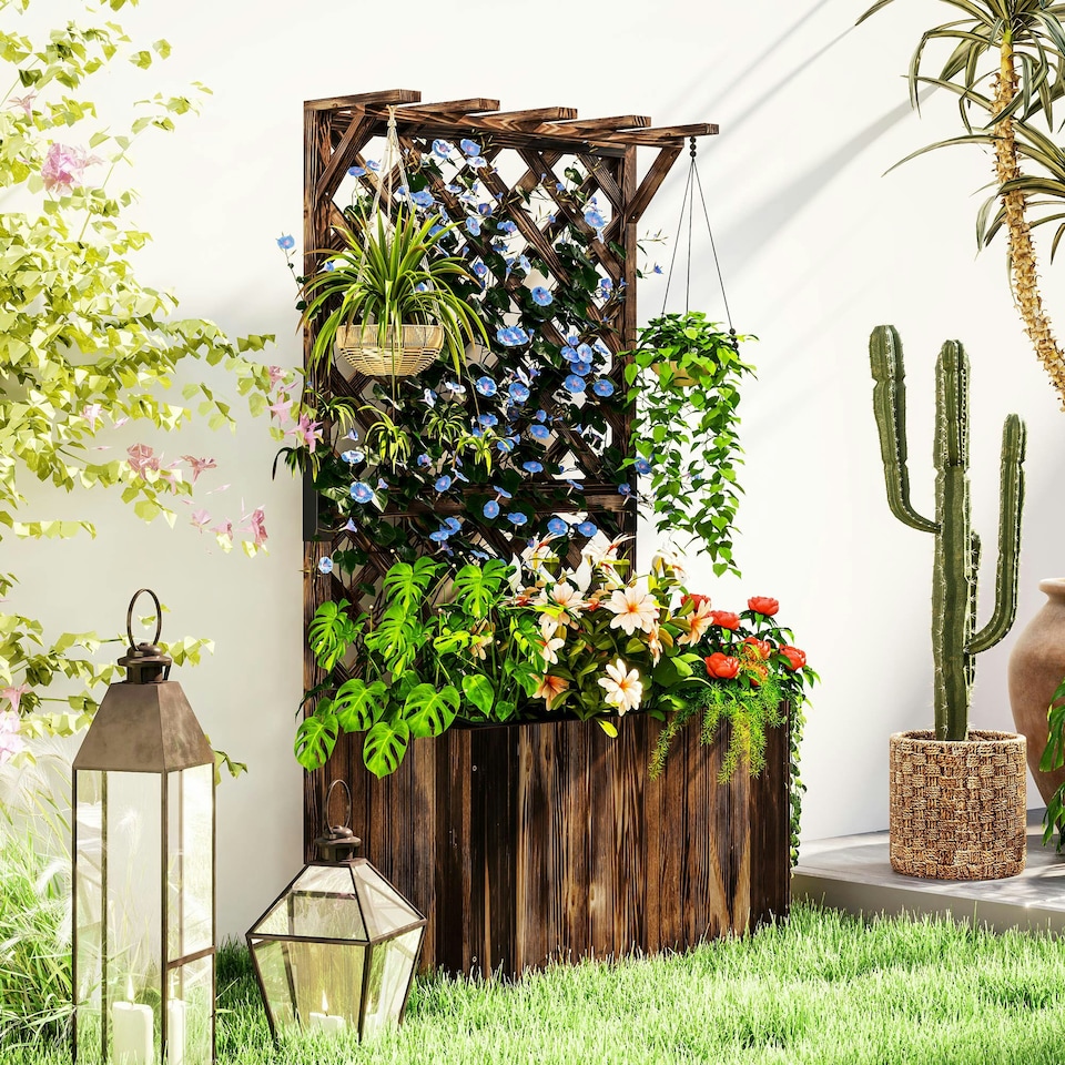 image 1 of Outsunny Outdoor Wooden Planter with Trellis and Drainage Holes, Natural