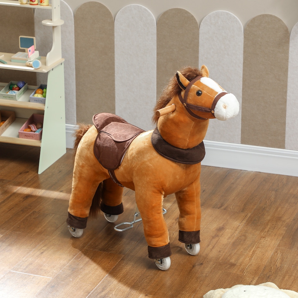 image 1 of AIYAPLAY Ride On Horse, Plush Animal Walking Horse Toy with Wheels, Brown