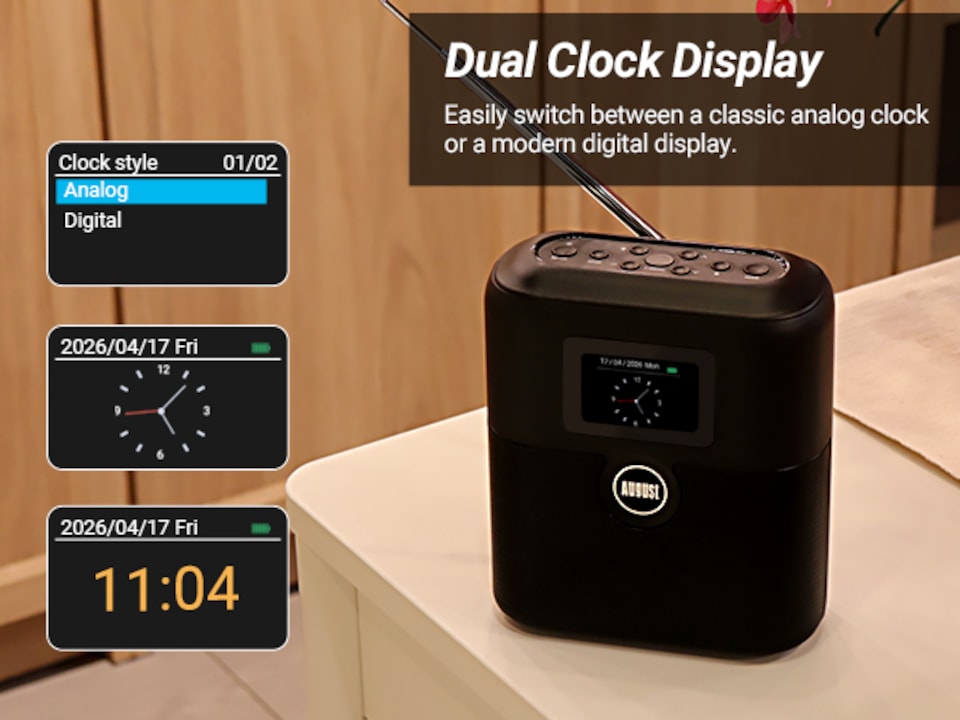 image 1 of Rechargeable DAB/DAB+/FM Radio Dual Alarm Clock & Bluetooth Speaker, Colour LCD Screen, AUX In/Out, for Bedside, Kitchen, Office or Outdoor - August MB330B