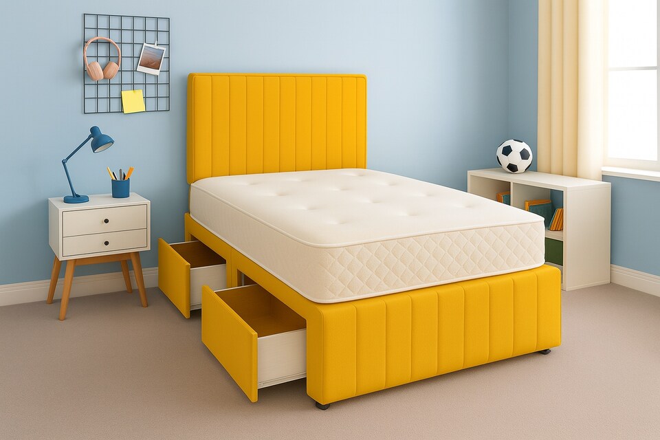 Mustard Plush 2ft6 Small Single Divan Bed Set Headboard & Footboard - 2 Drawers Left Side Laying in Bed