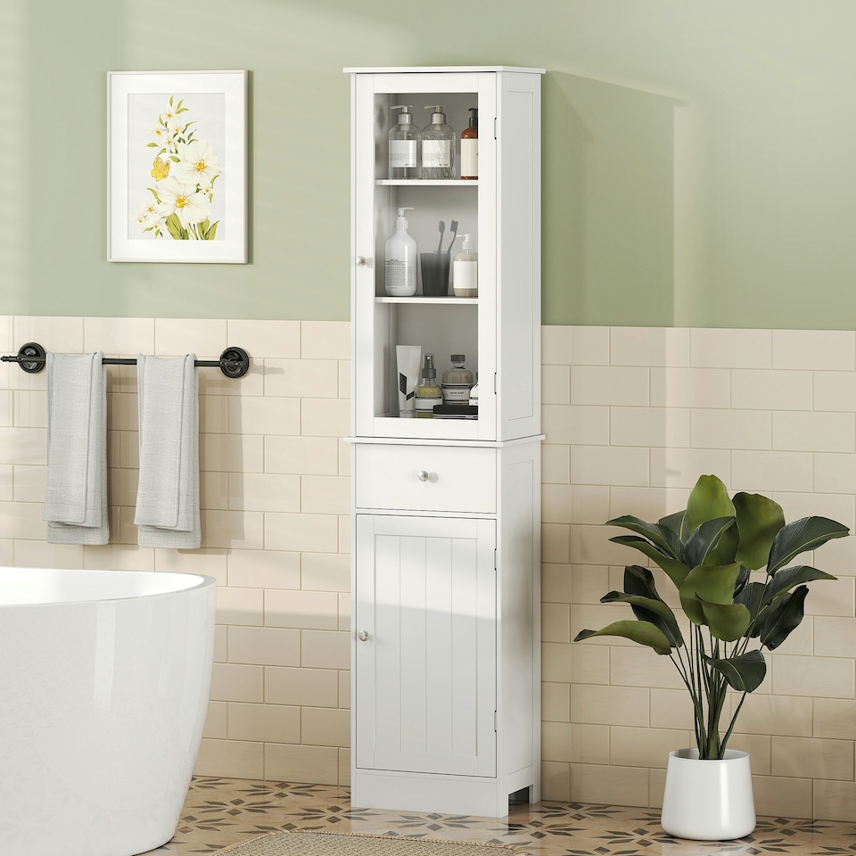 image 1 of kleankin Storage Cabinet Organizer Tower with Multiple Shelves & Drawer, White