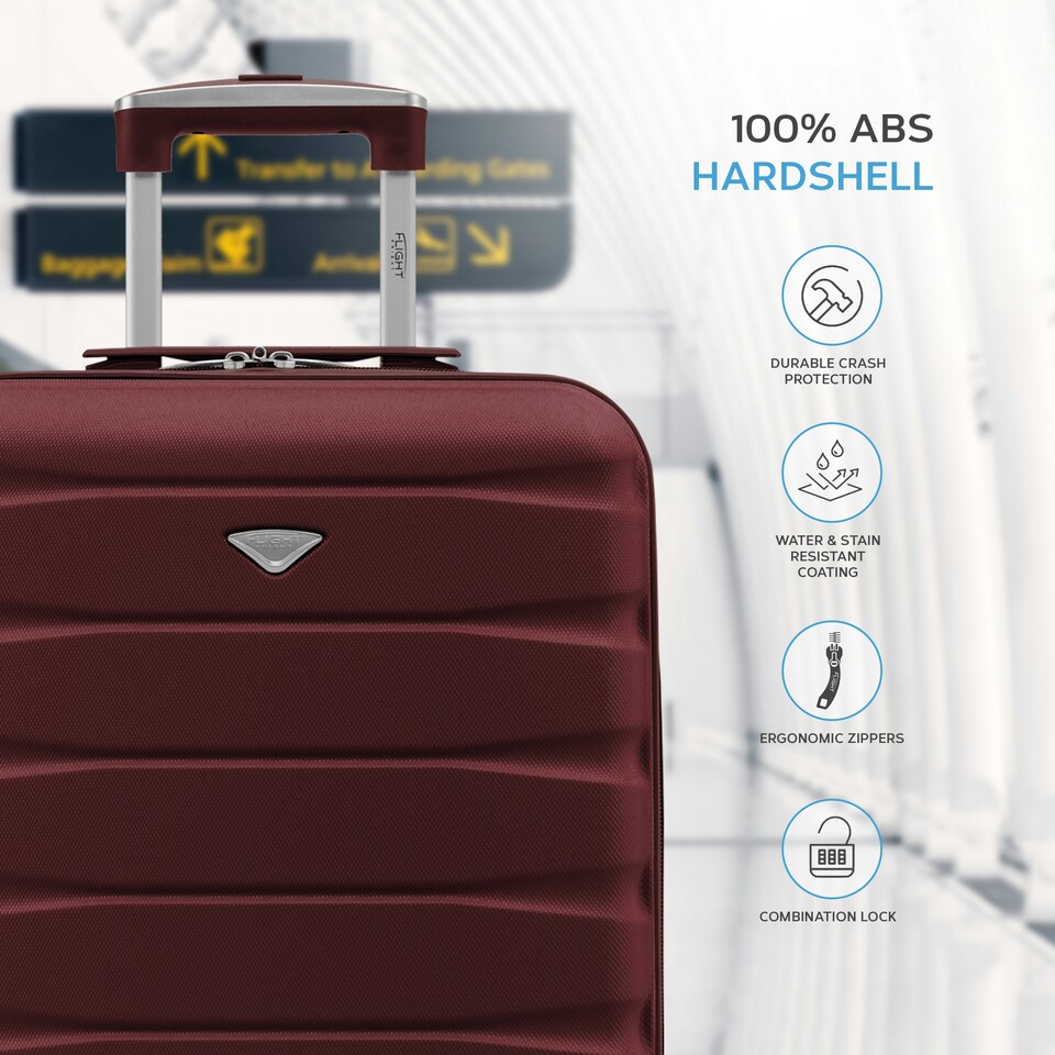 image 1 of Flight Knight Cabin Suitcase 56x36x23cm - 30+ Airlines Approved - British Airways, EasyJet- Lightweight 4 Wheel Carry On Hard Shell Hand Luggage Red | Burgundy | Cabin Bag