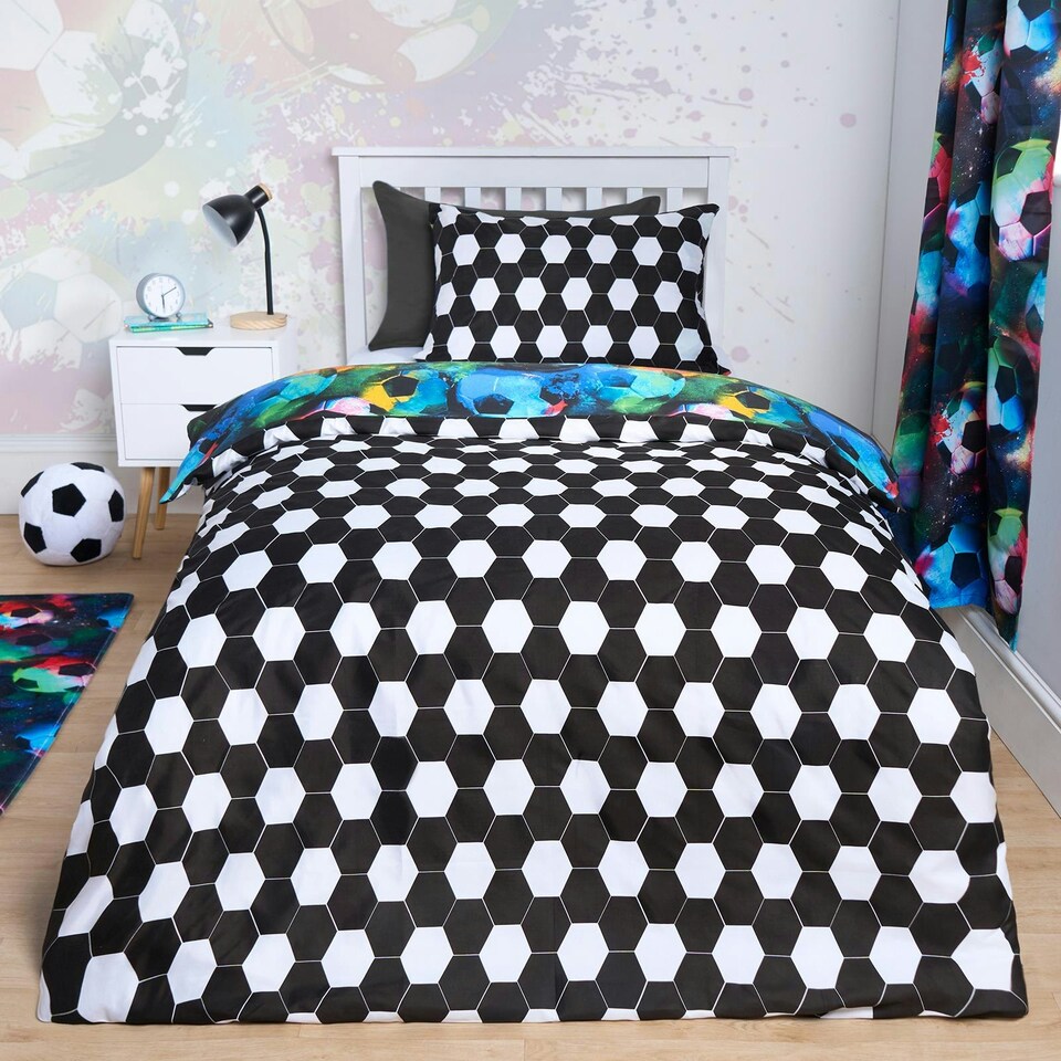 image 1 of OHS Kids Graphic Football Reversible Duvet Cover and Pillowcase Bedding Set Multi | Neon Multi | Double