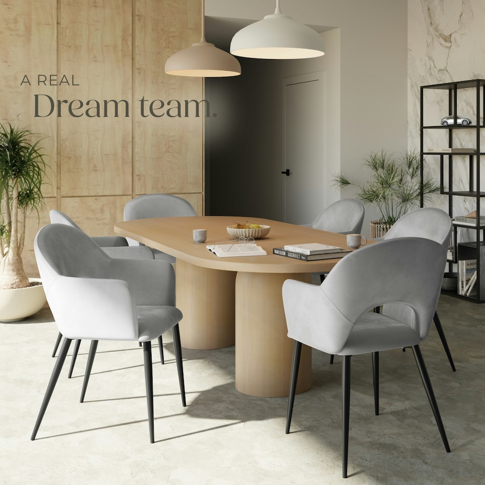 image 1 of Dining Chair Sasha- padded armchair in velvet look, continuous backrest - Set of 6 Grey | Light Grey