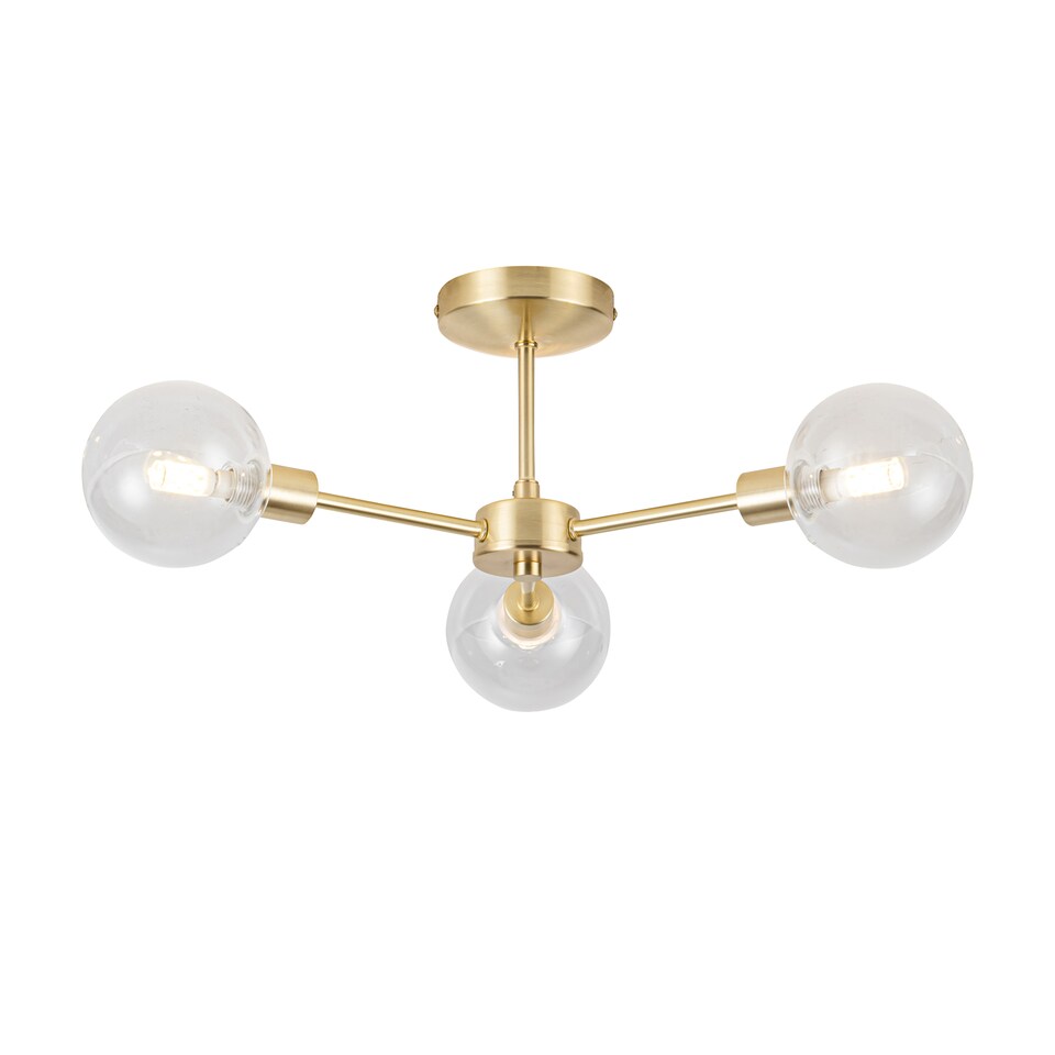 image 1 of Set of 2 Toner - Satin Brass with Globes 3 Light Flush Ceiling Lights | Gold | Satin brass plate and clear glass | Medium | 1