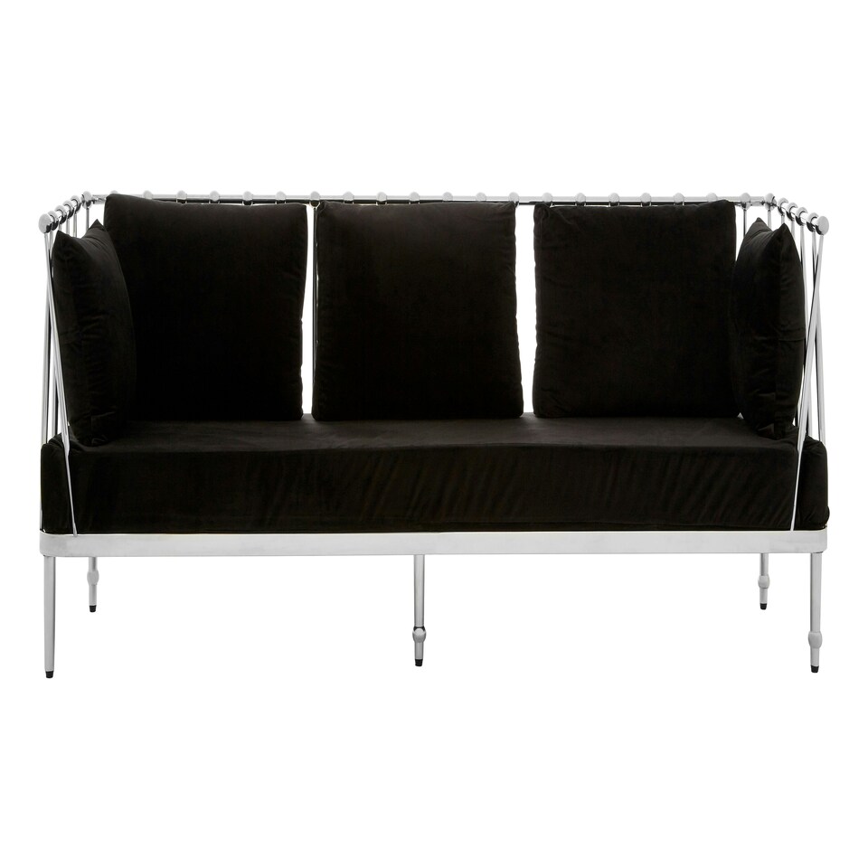 image 1 of Sleek 3 Seat Silver Finish Tapered Arms Sofa, Stylish Mid Century Sofa For Bedroom, Sturdy 3 Seater Sofa Silver