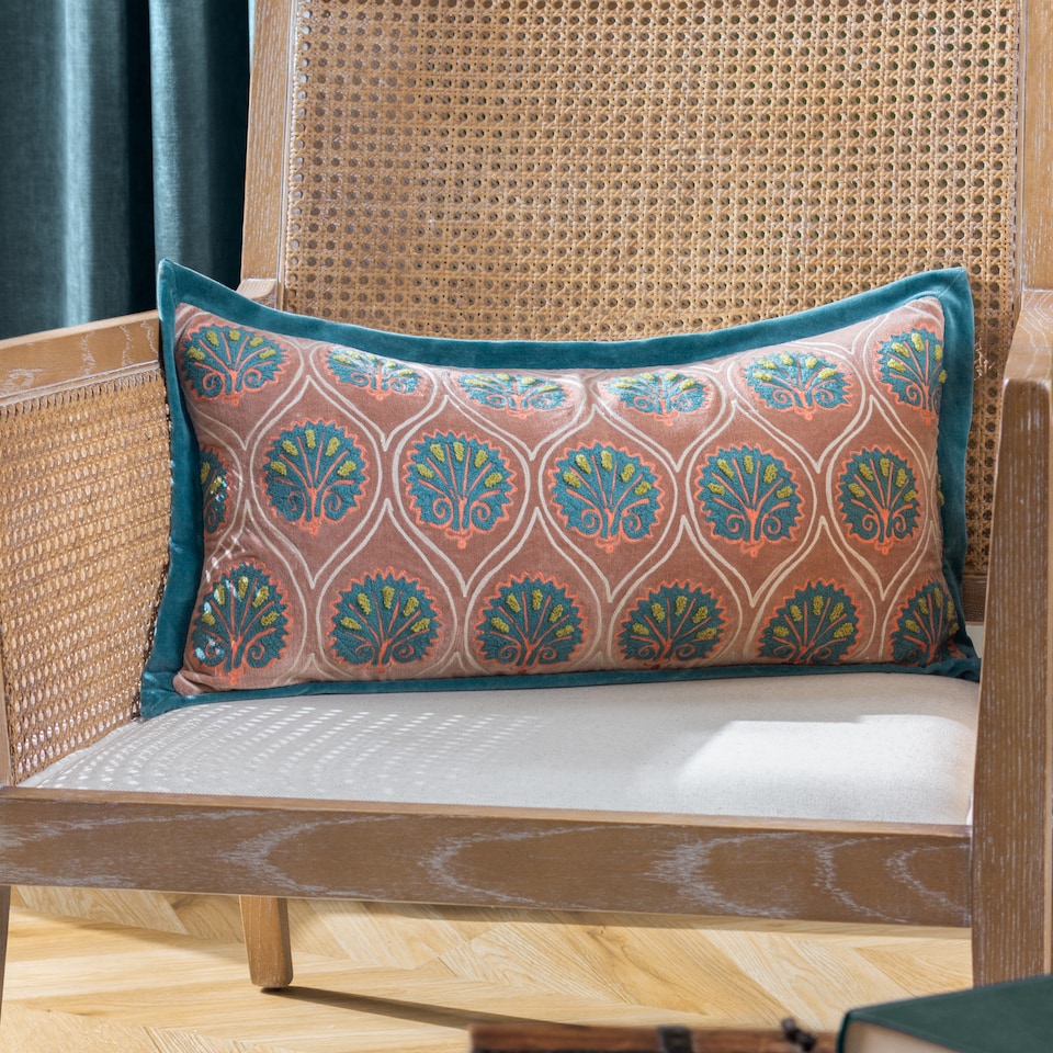image 1 of Paoletti Casa Embroidered Cushion, Rose/French Blue, 30 x 60cm