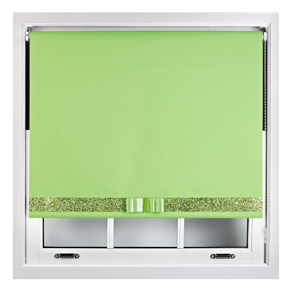 image 1 of FURNISHED Blackout Roller Blind with Gold Glitter Trim and Lime Bow Cut to Size | Green | Lime | (W) 60cm x (L) 165cm