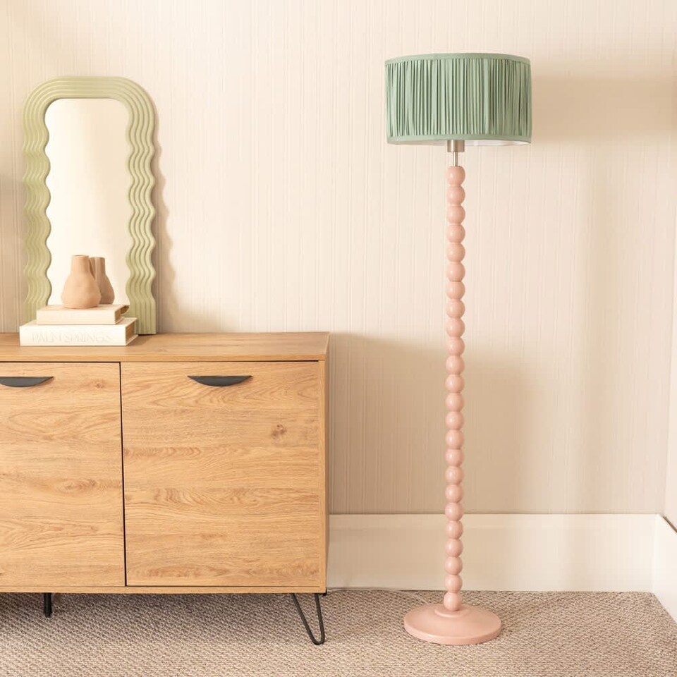 image 1 of ValueLights Bobbins Rose Floor Lamp Ruched Pleat Green Shade