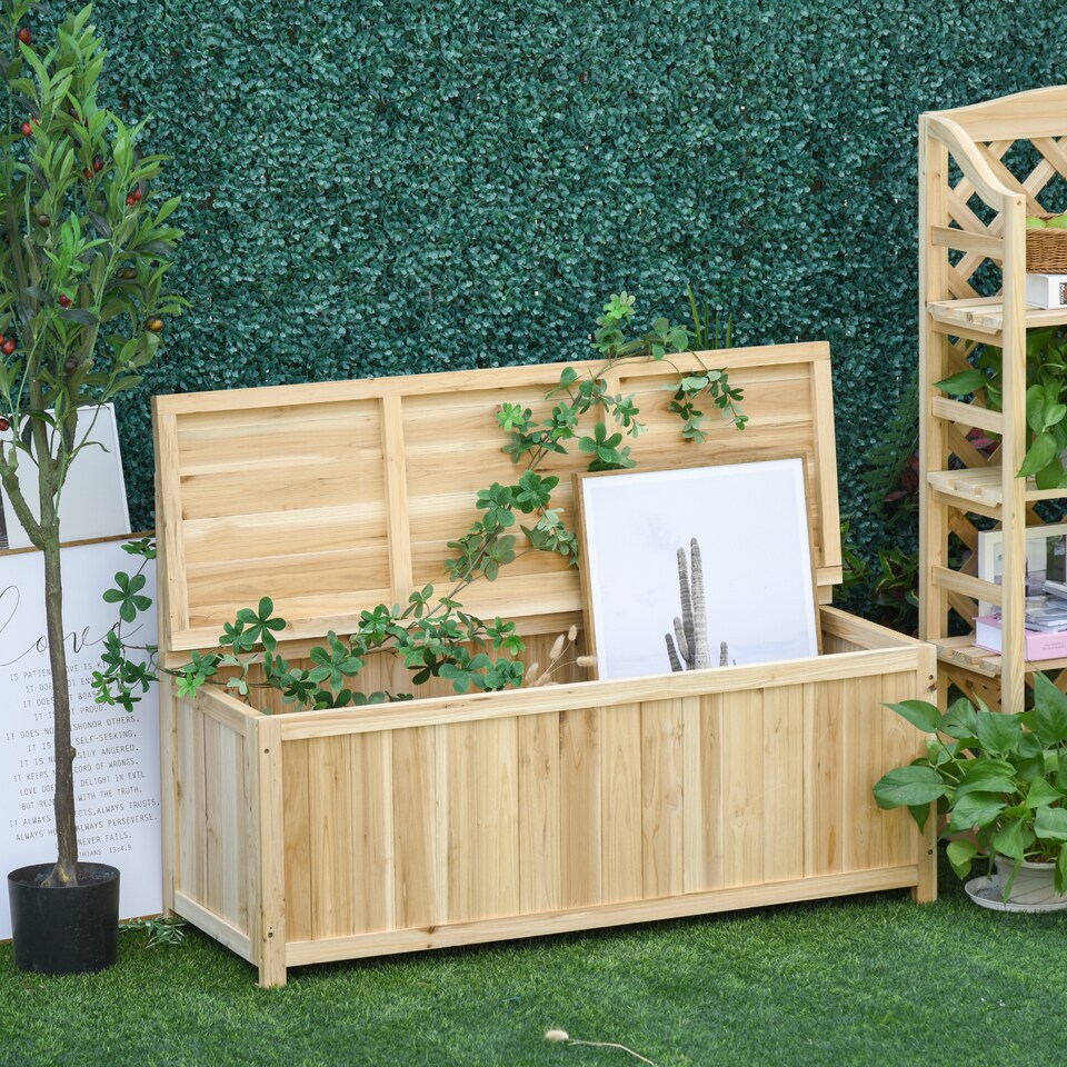 image 1 of Outsunny Garden Arch Wood Bench Outdoor Storage Box Garden Furniture Chair 115L x 45W x 75Hcm, Natural