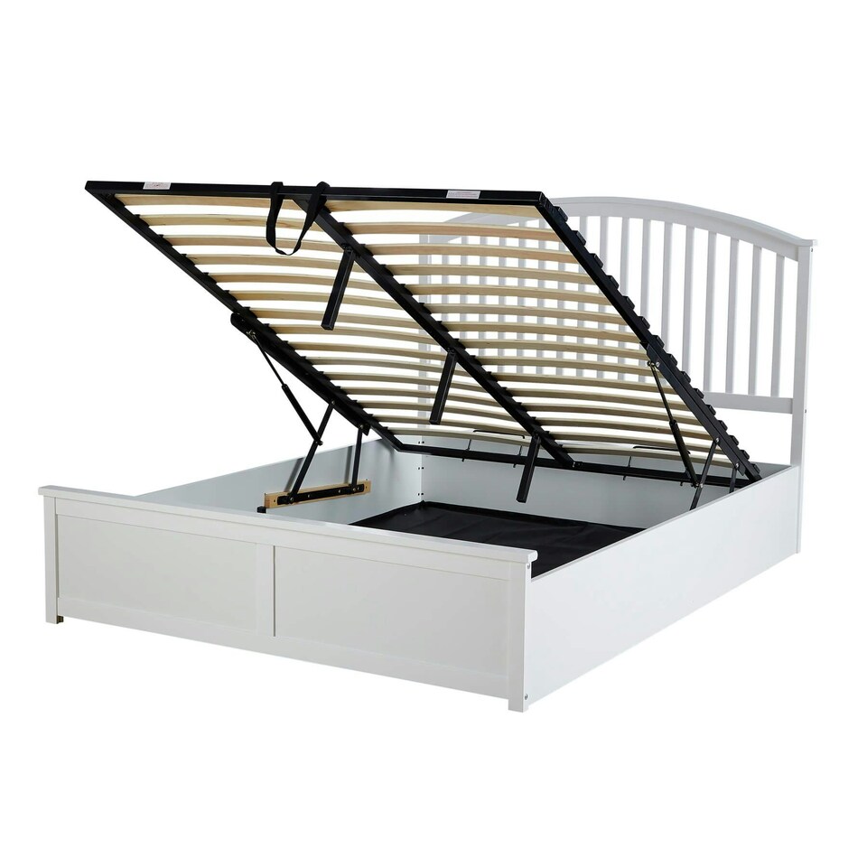 image 1 of White King Ottoman Bed Frame with Storage Space Upholstered Fabric Modern Style