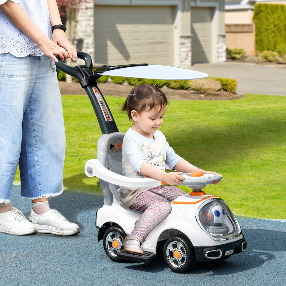 image 1 of AIYAPLAY 3 in 1 Ride on Push Car, Cartoon Robot Theme Foot to Floor Slider, Baby Push Along Car with Parent Handle, Light Music Horn, Underneath Storage, for Boys Girls 12-36 Months - White | White | White