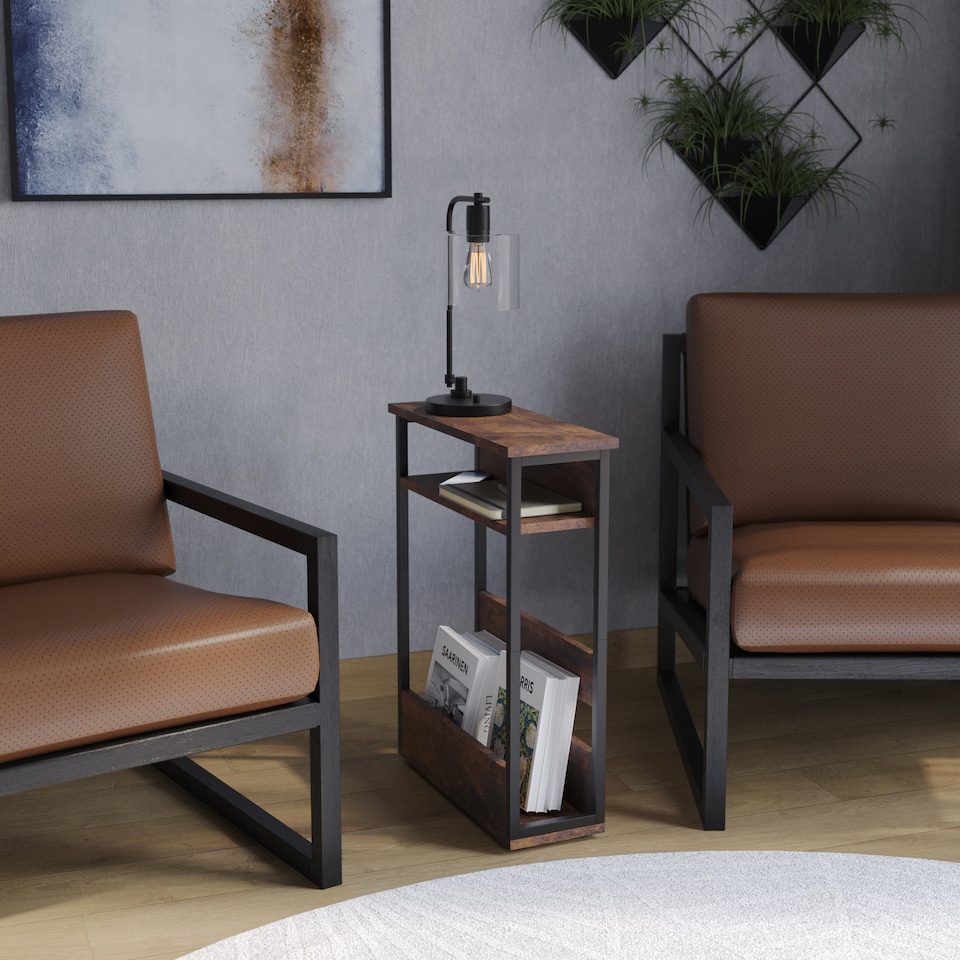 image 1 of 3 Tier Slim Coffee Side Table Newspaper Magazine Shelf Rack Bedside Sofa End | Bronze | Rustic Brown | H-62.5cm | 1