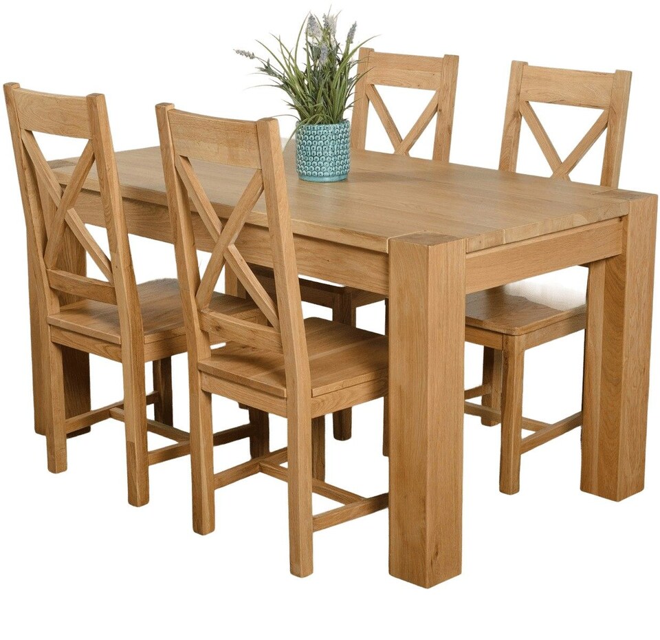 image 1 of Kuba 150 x 85 cm Chunky Medium Oak Dining Table and 4 Berkeley Chairs | Brown | Brown