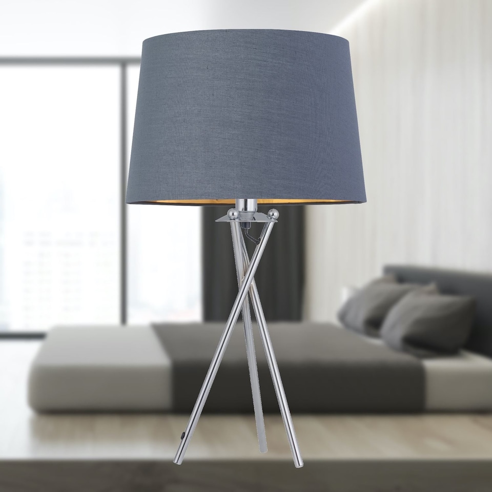 image 1 of Tripod - Chrome Lamp with Grey & Gold Fabric Shade | Chrome | Grey | Large | 1