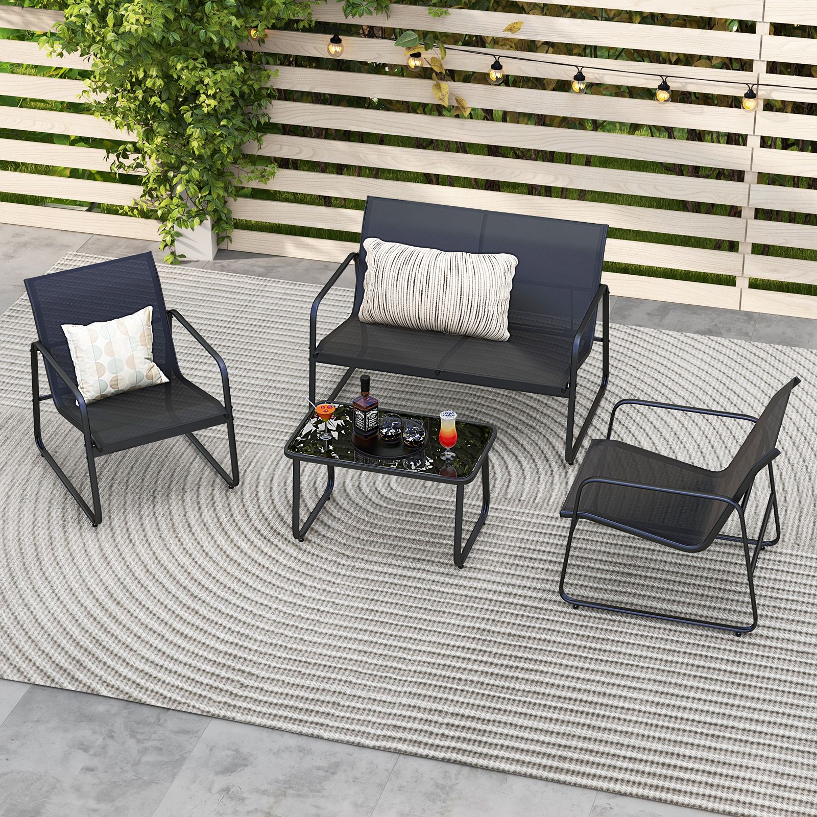 4PCS Garden Furniture Set Patio Conversation Set w/Loveseat & 2 Chairs