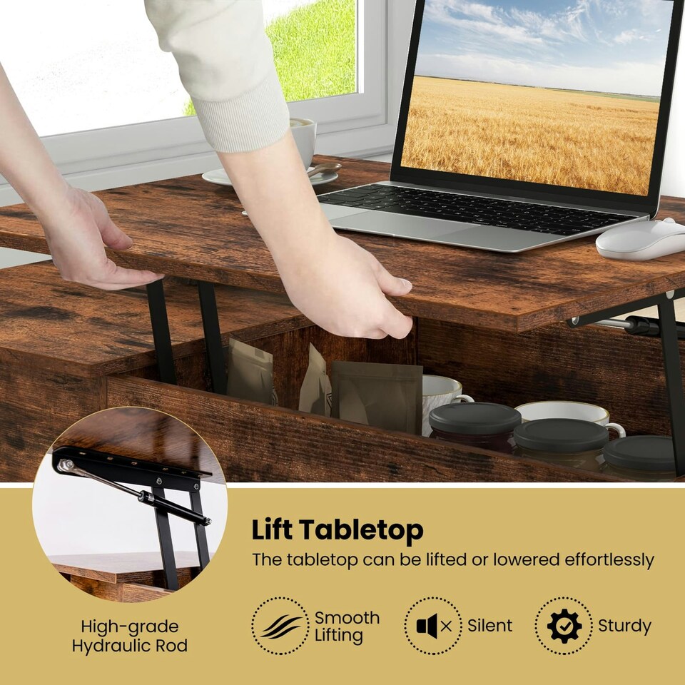 image 1 of COSTWAY Lift Top Coffee Table w/Hidden Compartment Brown Brown