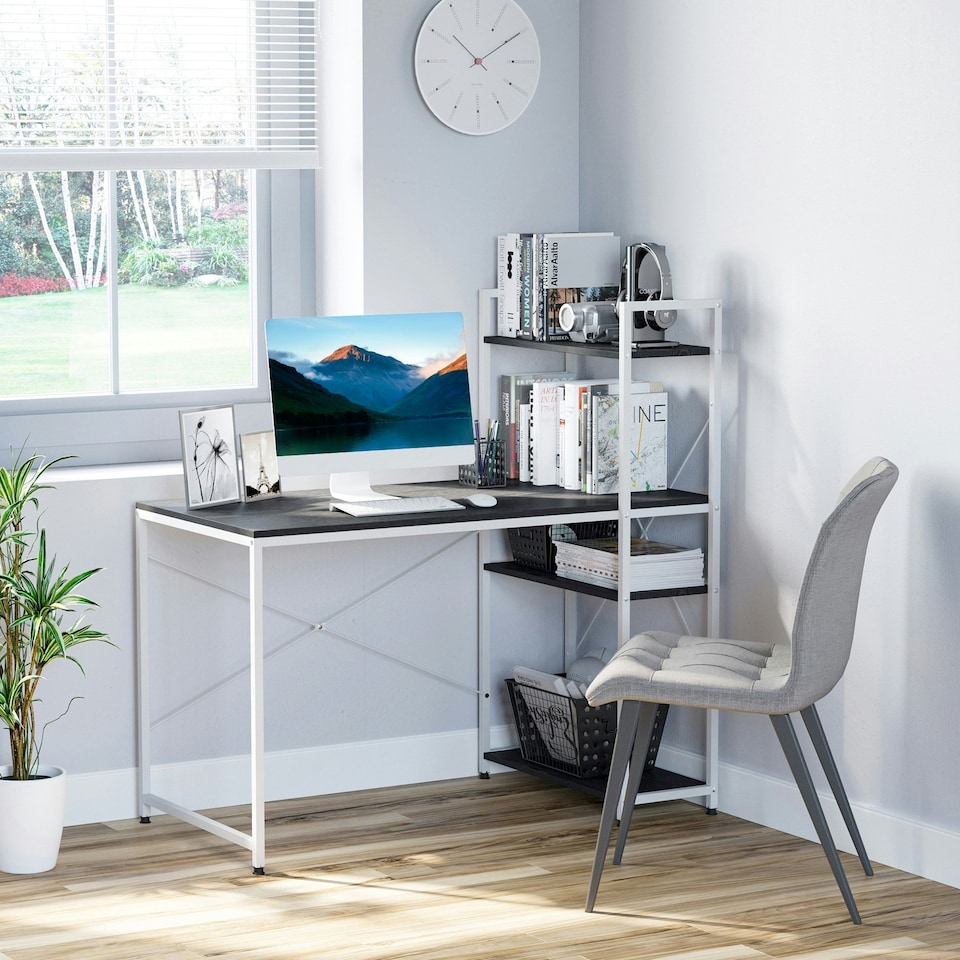 image 1 of HOMCOM Computer Desk Laptop Table w/4-tier Bookshelf Metal Frame Black, White