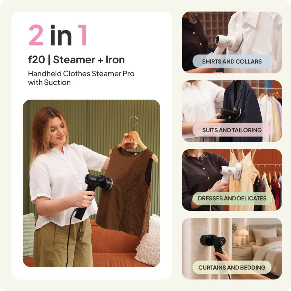 image 1 of Fridja F20 Handheld Clothes Steamer Pro With Suction 1100W 90ml Tank
