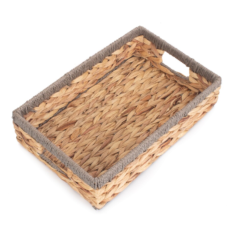 image 1 of Small Shallow Rectangular Water Hyacinth With Grey Rope Border Storage Basket | Brown | Brown